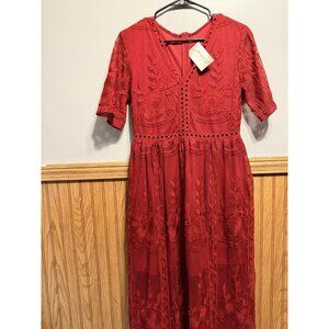 Boho Women Maxi Dress Embroidery Lace Long Beach Dress Size Medium